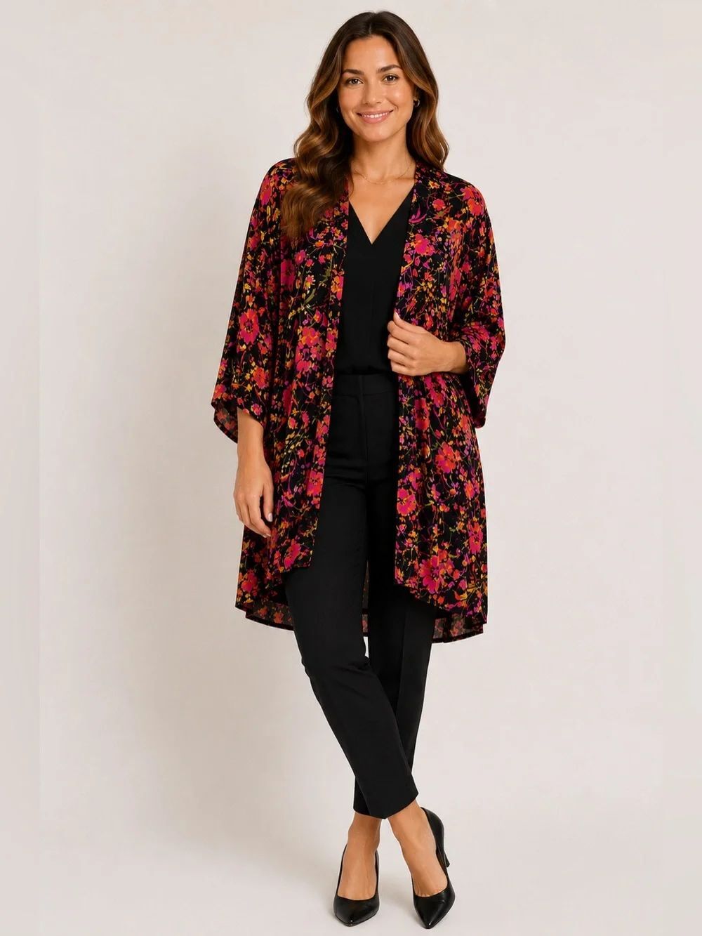 Michael Stars Los Angeles Black Floral Open Front Kimono Cardigan Layer, OSFM